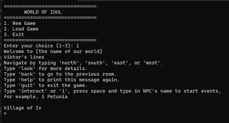 SustainQuest text adventure running in a console
